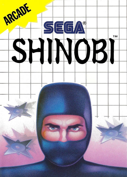 Shinobi Sega Master System SMS for action platforming video game fans featuring ninja combat side scrolling gameplay powerful attacks throwing weapons enemy battles challenging stages boss fights Japanese inspired environments and classic Sega Master System gameplay collectible retro gaming appeal front cover art