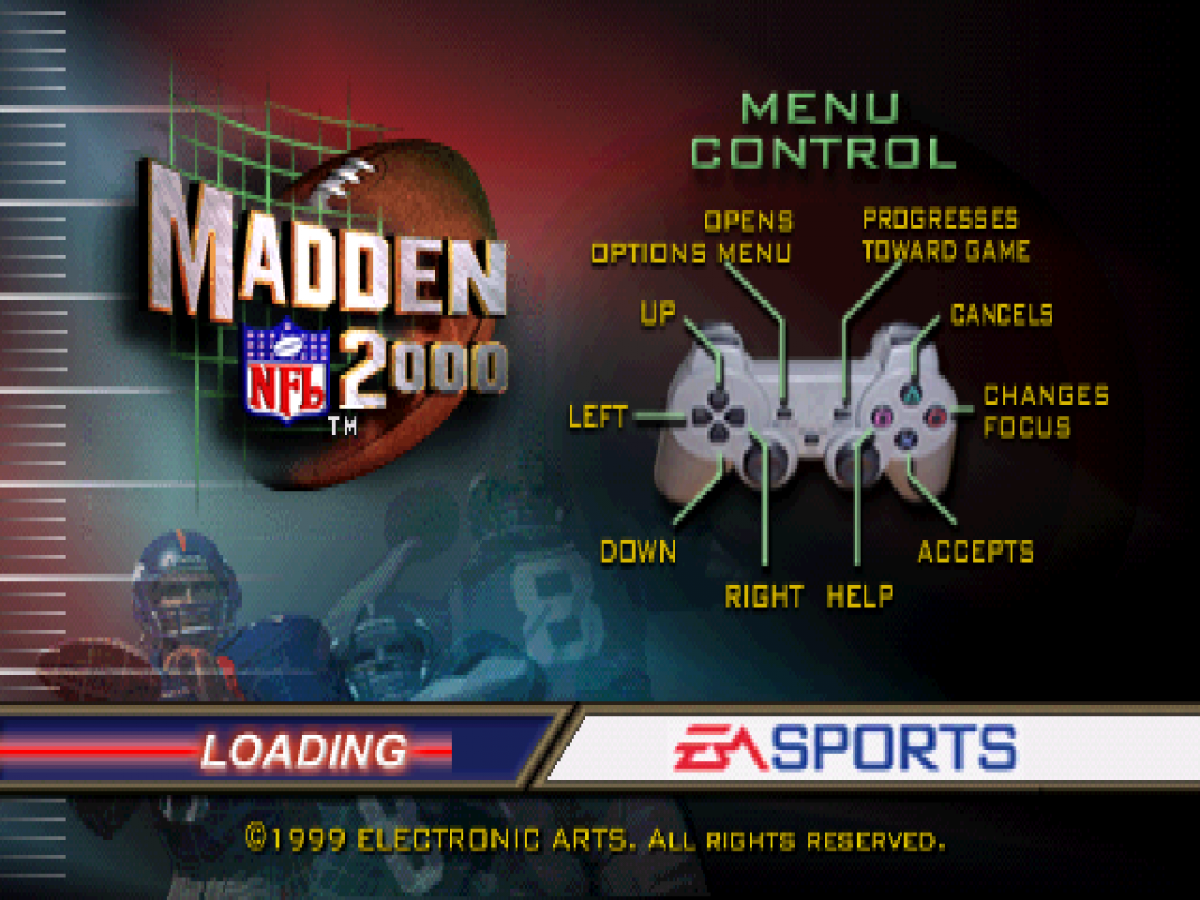 Madden NFL 2000 PlayStation 1 PS1 video game, American football sports simulation, classic Madden gameplay, franchise and multiplayer modes loading screen controls