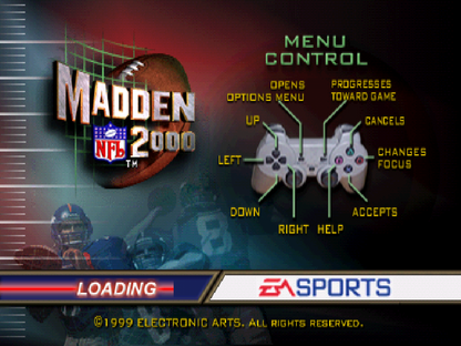 Madden NFL 2000 PlayStation 1 PS1 video game, American football sports simulation, classic Madden gameplay, franchise and multiplayer modes loading screen controls