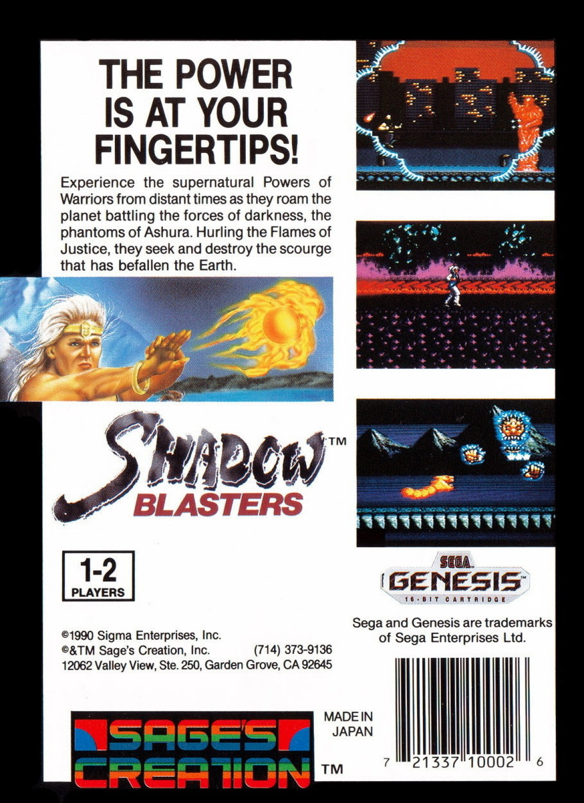 Shadow Blasters Sega Genesis retro video game action platformer back of case (1990) 