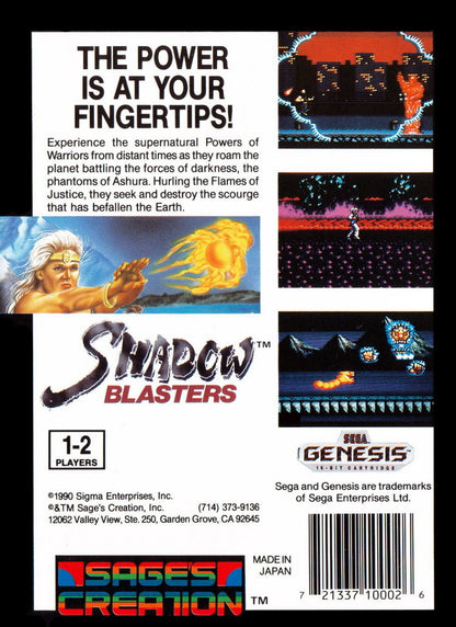 Shadow Blasters Sega Genesis retro video game action platformer back of case (1990) 