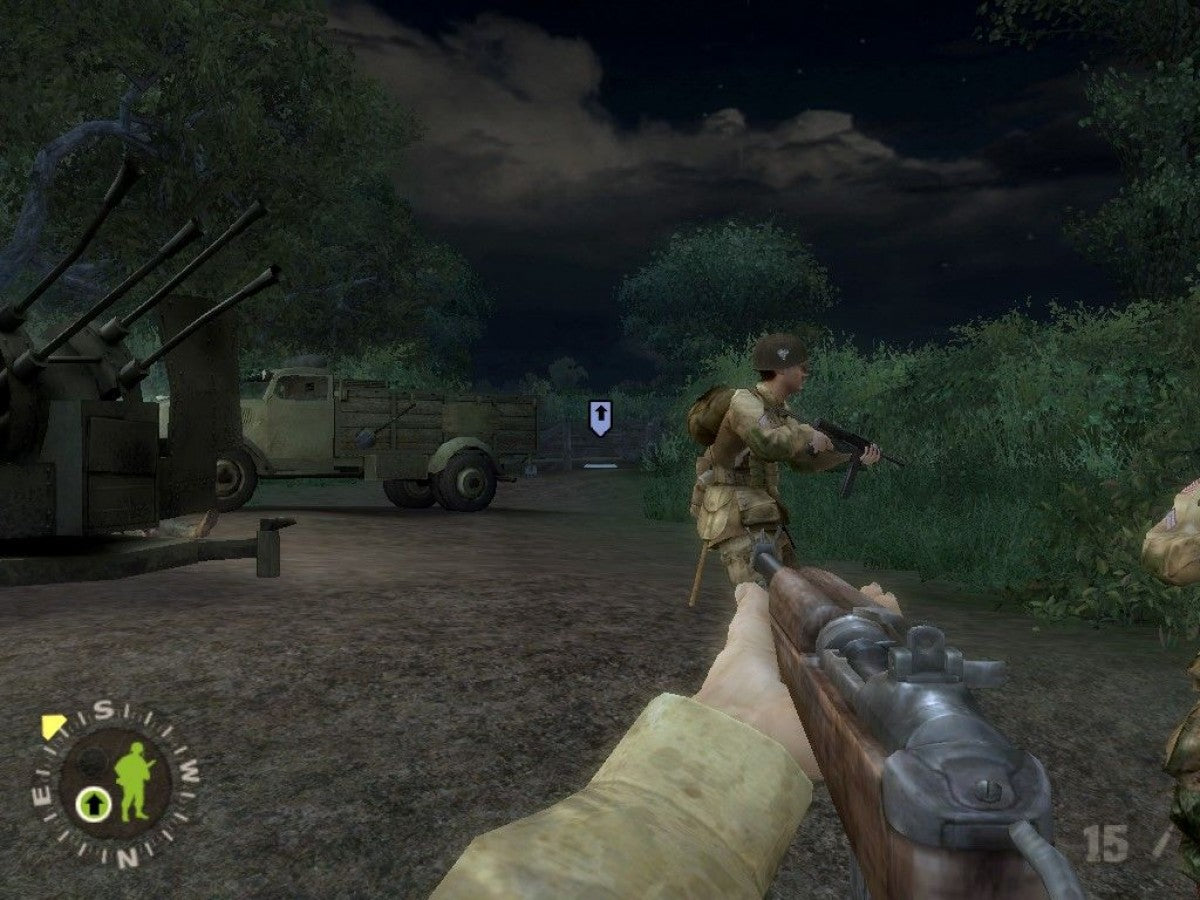Brothers in Arms: Earned in Blood gameplay for PlayStation 2 (PS2) first-person shooter video game.