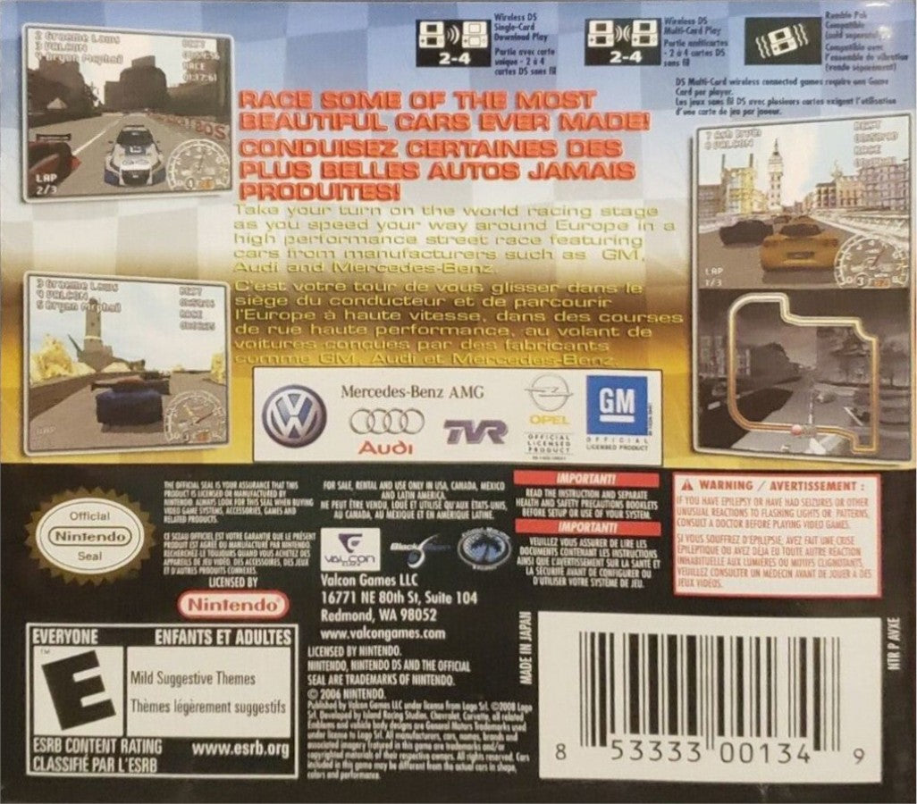 Corvette Evolution GT back cover art for Nintendo DS (DS) video game