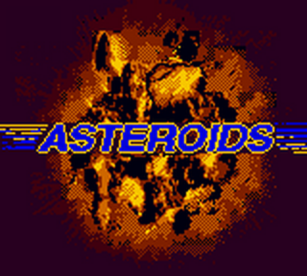 Asteroids Game Boy Color arcade port space shooter video game vector graphics style navigating asteroid field blasting rocks UFOs title screen
