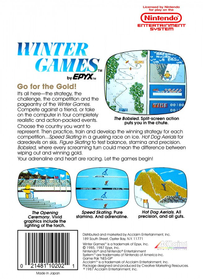 Winter Games cartridge for the Nintendo Entertainment System featuring 8 bit winter sports action including skiing skating bobsledding and snowboarding events with single and multiplayer competition back cover
