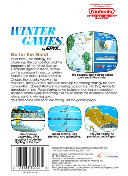 Winter Games cartridge for the Nintendo Entertainment System featuring 8 bit winter sports action including skiing skating bobsledding and snowboarding events with single and multiplayer competition back cover