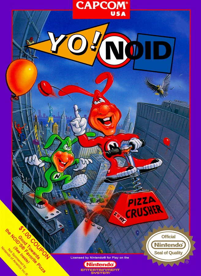 Yo! Noid Nintendo Entertainment System NES video game featuring side scrolling platformer gameplay Domino's Pizza mascot The Noid pizza themed adventure jumping challenges enemy encounters yo yo combat collectible items obstacle courses colorful levels boss battles and classic 8 bit Nintendo arcade action retro video game collection collectible gaming appeal front cover art