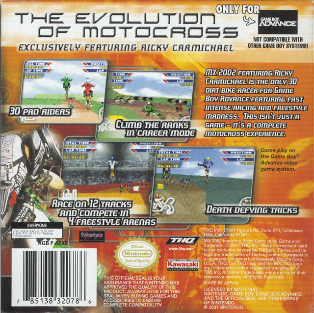 MX 2002 featuring Ricky Carmichael Game Boy Advance GBA video game featuring motocross racing gameplay off road motorcycle racing dirt tracks jumps stunts competitive races professional motocross action and classic handheld sports gaming retro video game collection collectible gaming appeal back cover art
