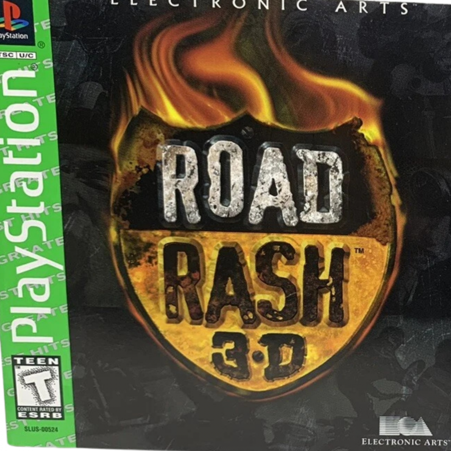 Road Rash 3D PS1 inspired design featuring high speed motorcycle racing combat aesthetic chaotic street races aggressive biker battles open road action arcade style gameplay rebellious attitude nostalgic PlayStation racing presentation front cover 