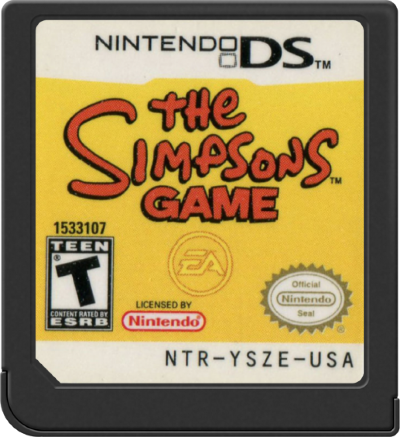 The Simpsons Game Nintendo DS action-platformer parody video game tropes Homer Marge Bart Lisa Maggie four playable characters touch screen minigames original voice actors cartridge art