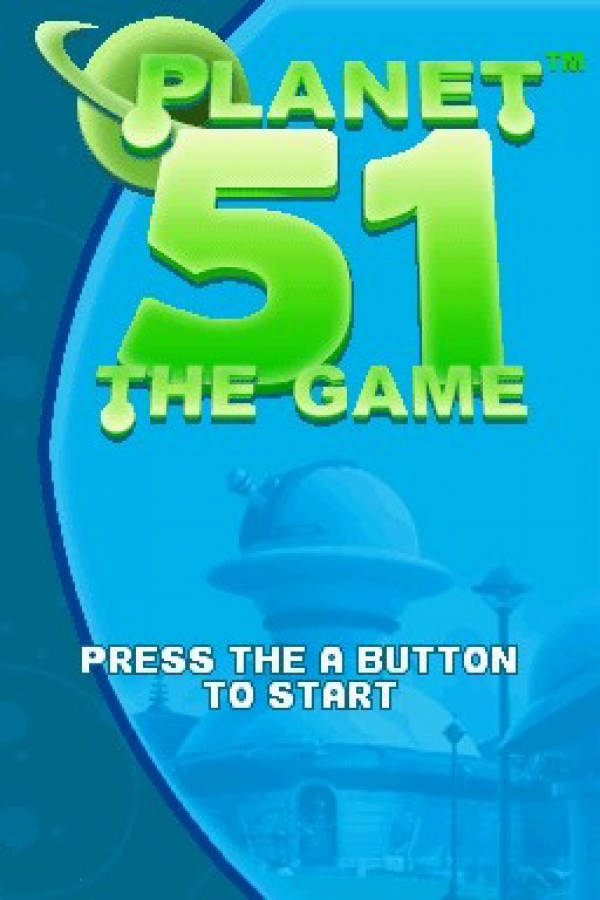 Planet 51 Nintendo DS video game, action adventure, movie tie-in gameplay, family-friendly handheld console title main men title screen