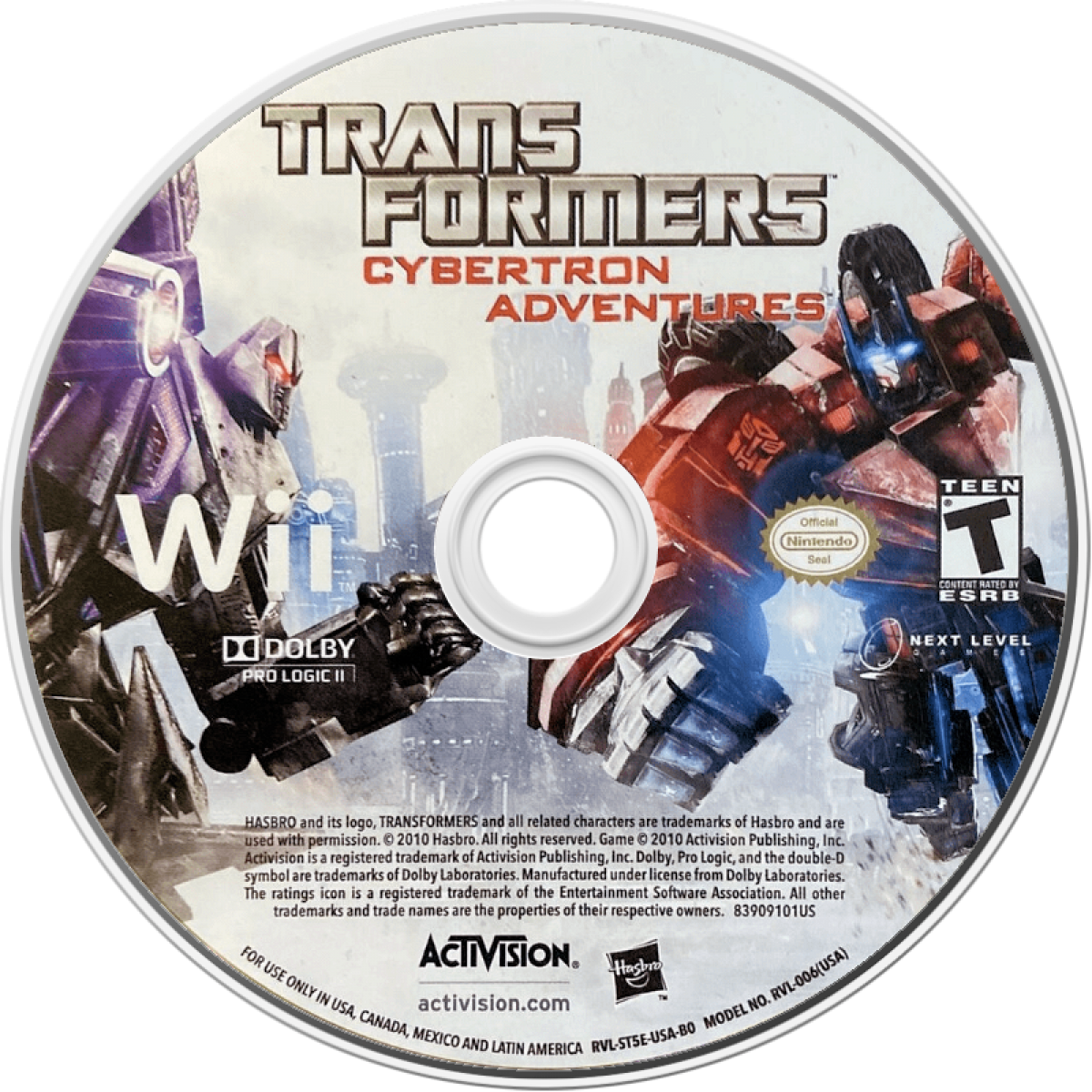 Transformers: Cybertron Adventures disc art for Nintendo Wii (Wii) featuring rail‑shooter combat with Autobots and Decepticons, cinematic missions, and battles set on Cybertron.