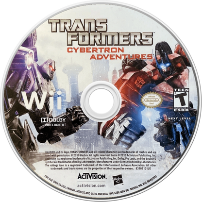 Transformers: Cybertron Adventures disc art for Nintendo Wii (Wii) featuring rail‑shooter combat with Autobots and Decepticons, cinematic missions, and battles set on Cybertron.