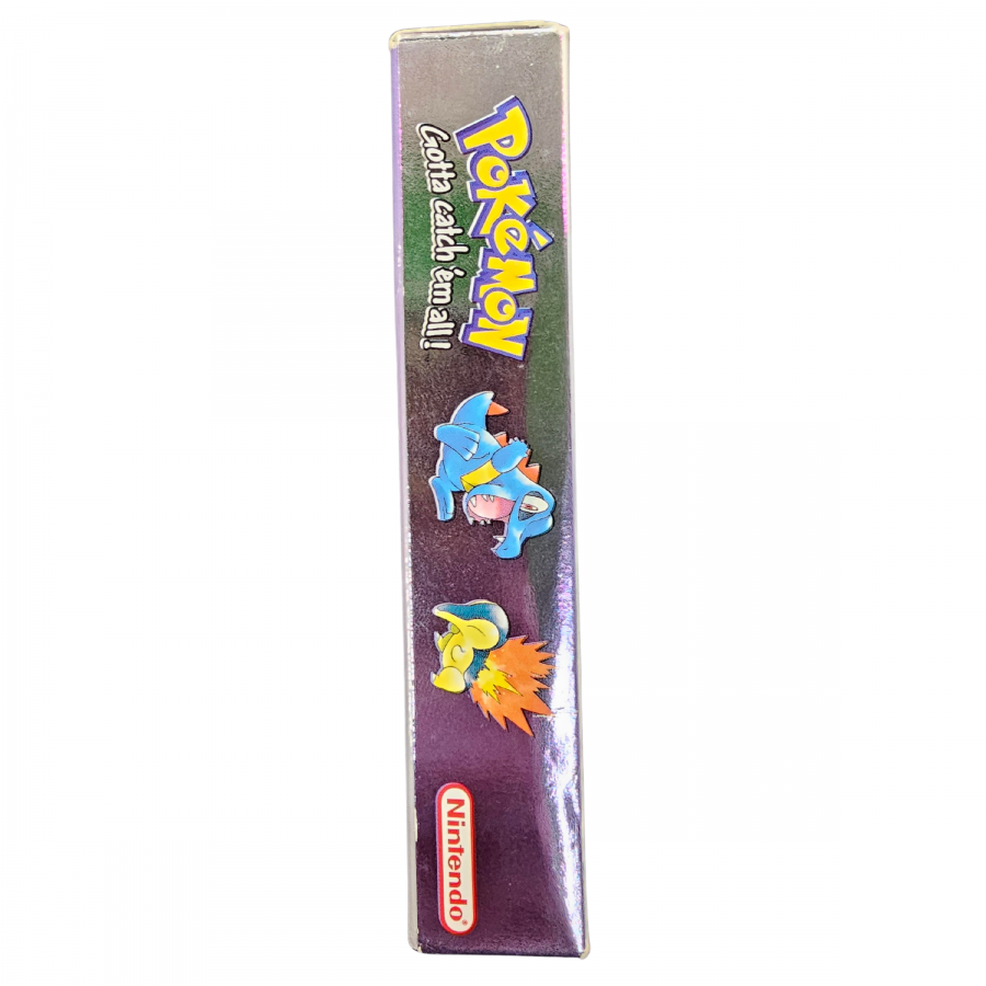 Pokémon Crystal CIB Game Boy Color GBC for role playing video game fans featuring Pokémon catching and training Johto region exploration turn based battles Gym Leaders Elite Four animated Pokémon battles Suicune encounters Battle Tower trading and classic Game Boy Color gameplay collectible retro gaming appeal left side of box