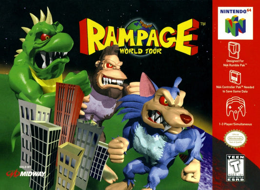 Rampage World Tour cartridge for the Nintendo 64 featuring arcade style destruction gameplay with giant monsters smashing cities battling military forces and cooperative multiplayer chaos across multiple locations cover art