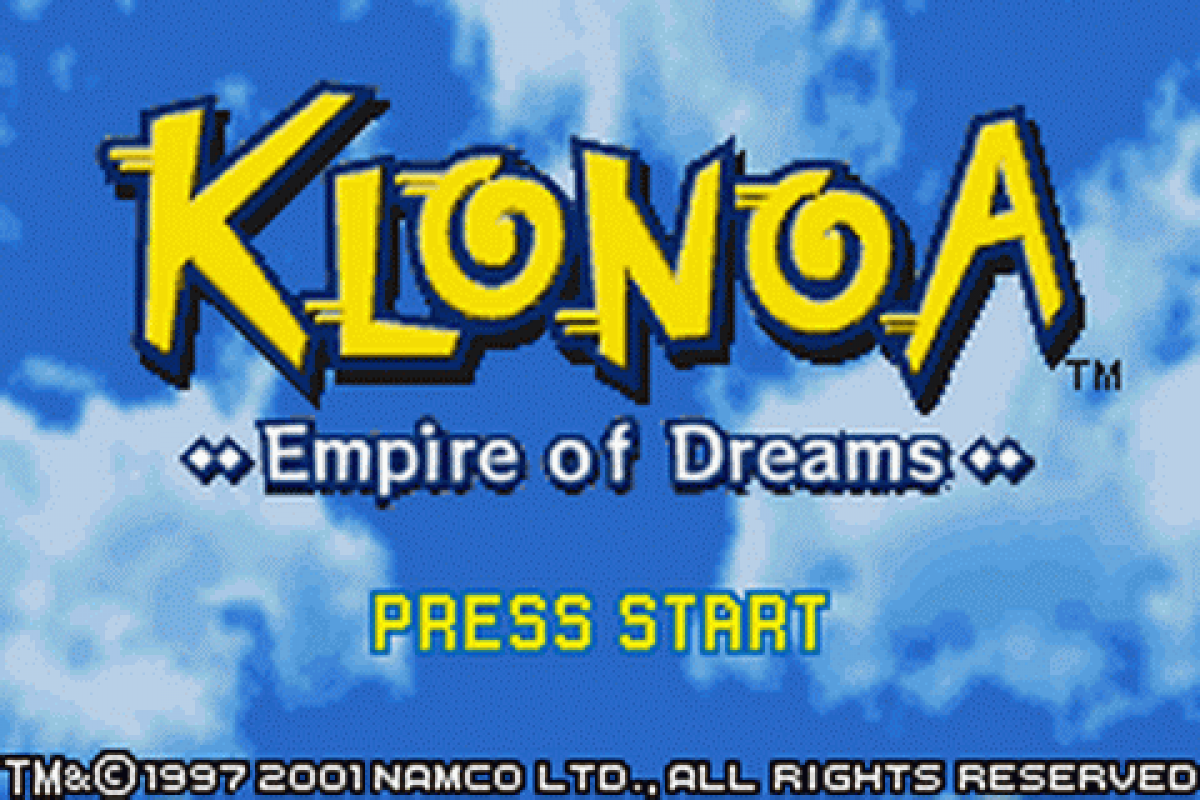 Klonoa Empire of Dreams Game Boy Advance GBA video game featuring action platforming gameplay Klonoa adventure colorful dream worlds enemy encounters puzzle solving wind bullet abilities collectible items and classic handheld Nintendo gameplay retro video game collection collectible gaming appeal start screen
