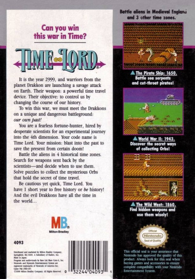 Time Lord retro NES video game Time Lord action adventure time travel platform gameplay combat historical eras classic console title Nintendo Entertainment System release back of case