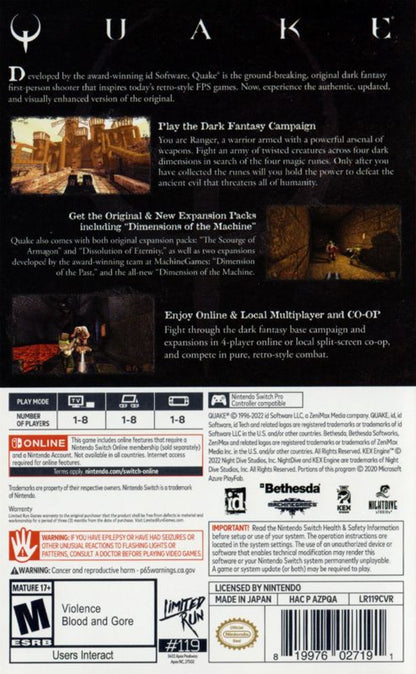 Quake Nintendo Switch inspired design featuring classic first person shooter action aesthetic fast paced combat dark sci fi environments intense multiplayer battles legendary arena gameplay enhanced modern features retro gaming presentation back cover 