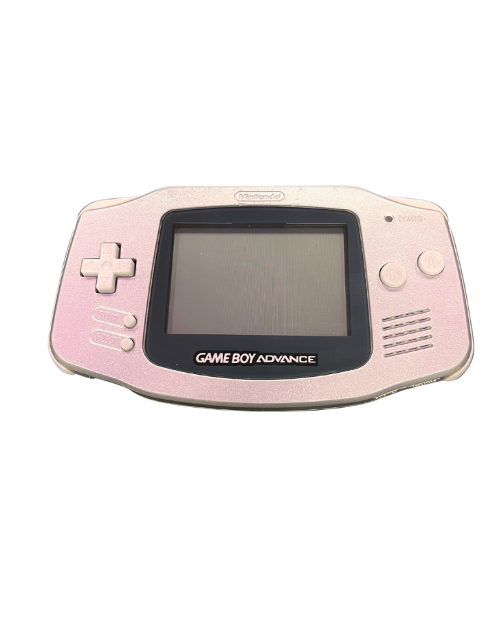 Front view of a platinum Game Boy Advance console powered off, showing its metallic silver casing, darkened screen, and button layout.
