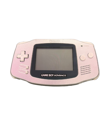 Front view of a platinum Game Boy Advance console powered off, showing its metallic silver casing, darkened screen, and button layout.