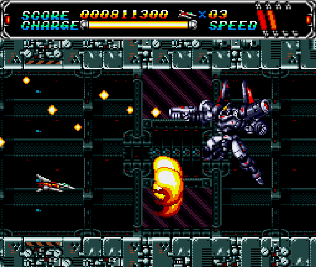 Android Assault Sega CD side scrolling shoot em up shmup anime style space combat mech shooter CD quality soundtrack fast paced arcade action Japanese style sci fi gameplay retro gaming Sega CD software video game title gameplay