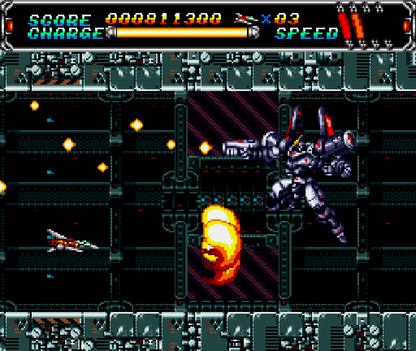Android Assault Sega CD side scrolling shoot em up shmup anime style space combat mech shooter CD quality soundtrack fast paced arcade action Japanese style sci fi gameplay retro gaming Sega CD software video game title gameplay