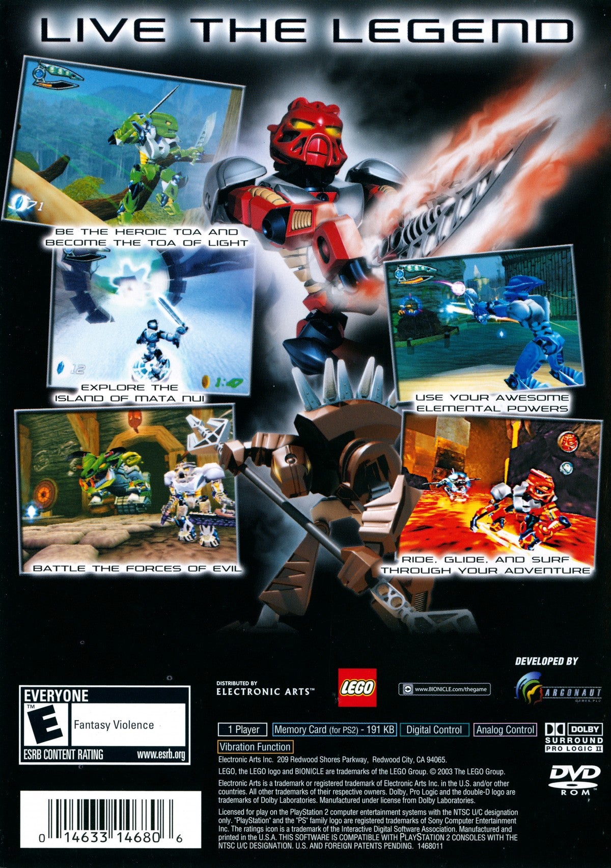 Bionicle PlayStation 2 PS2 video game featuring action adventure gameplay based on LEGO Bionicle robotic characters elemental powers exploration combat challenges puzzle solving and fantasy world adventure PlayStation 2 retro video game collection collectible gaming appeal back cover art