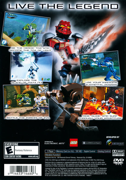 Bionicle PlayStation 2 PS2 video game featuring action adventure gameplay based on LEGO Bionicle robotic characters elemental powers exploration combat challenges puzzle solving and fantasy world adventure PlayStation 2 retro video game collection collectible gaming appeal back cover art