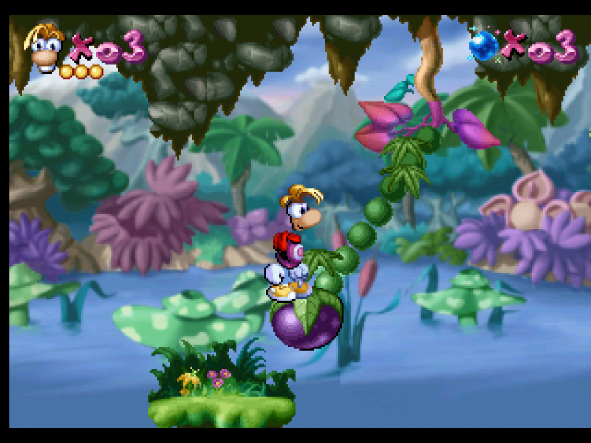 Rayman Atari Jaguar Rayman platformer game cartridge retro 90s side scrolling adventure classic platforming title fantasy worlds collectible game gameplay 