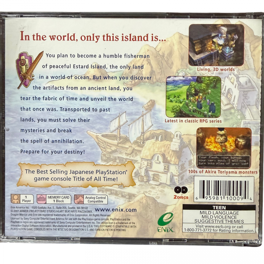 Dragon Warrior VII PlayStation 1 PS1 for retro video game enthusiasts featuring classic role playing gameplay turn based combat expansive world exploration character customization job system monster encounters epic adventure and collectible gaming appeal back cover art