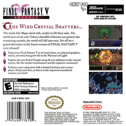 Final Fantasy V Advance cartridge for the Game Boy Advance featuring classic turn based RPG gameplay with job class system character customization and expanded content from the original Final Fantasy V adventure back cover art