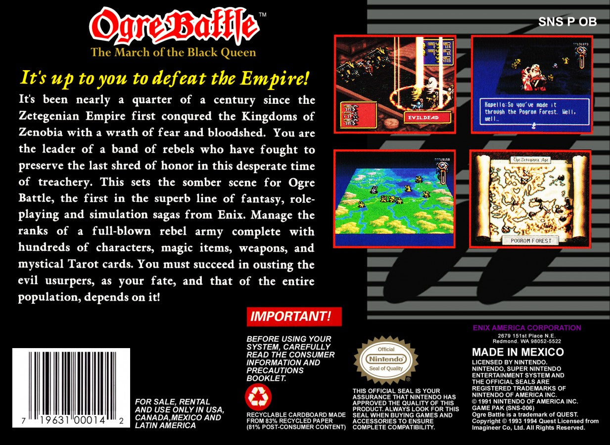 Ogre Battle The March of the Black Queen PS1 PlayStation 1 strategy RPG tactical warfare fantasy army management branching story retro video game back of case