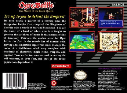 Ogre Battle The March of the Black Queen PS1 PlayStation 1 strategy RPG tactical warfare fantasy army management branching story retro video game back of case