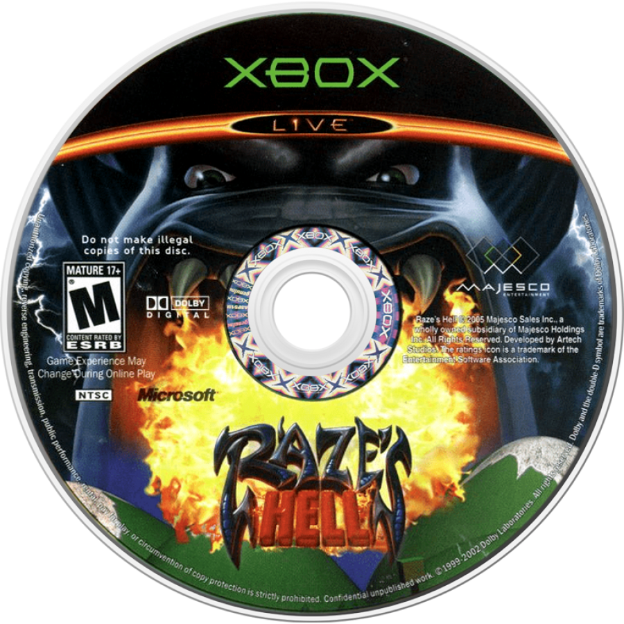 Raze's Hell retro Xbox video game Raze's Hell dark comedy third person shooter fantasy action combat quirky monster world fast paced shooting gameplay console title Xbox release disc