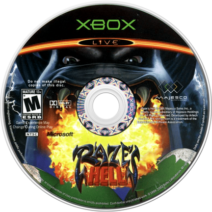 Raze's Hell retro Xbox video game Raze's Hell dark comedy third person shooter fantasy action combat quirky monster world fast paced shooting gameplay console title Xbox release disc