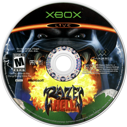 Raze's Hell retro Xbox video game Raze's Hell dark comedy third person shooter fantasy action combat quirky monster world fast paced shooting gameplay console title Xbox release disc