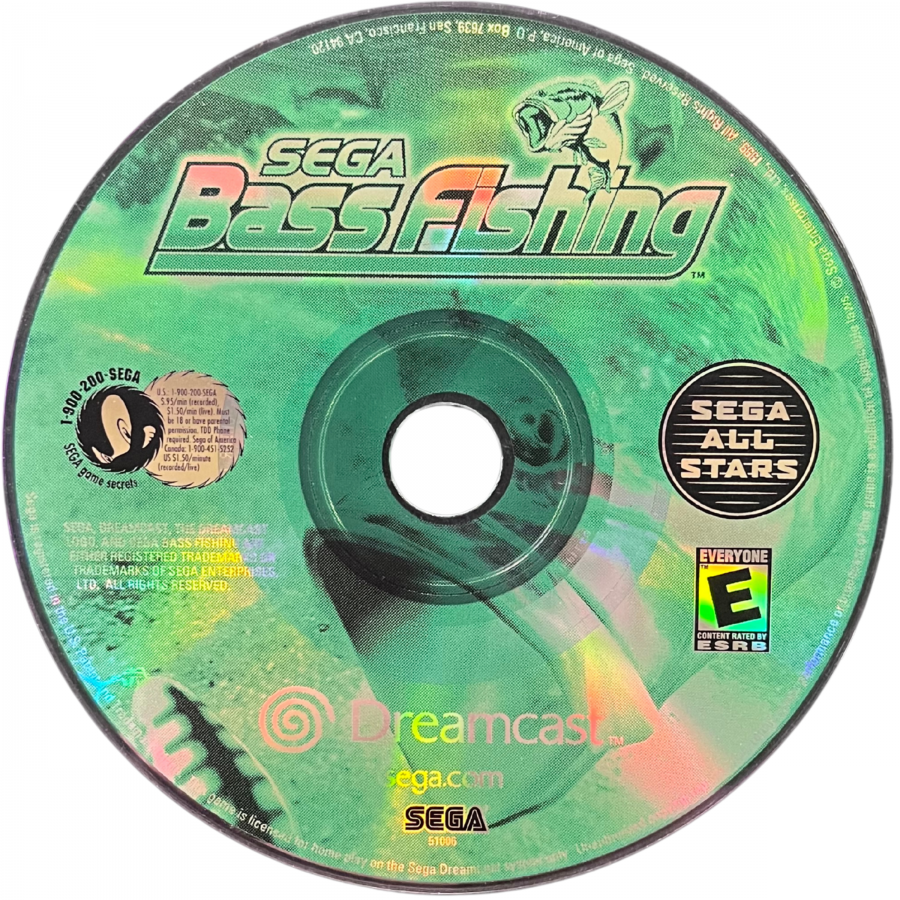 Sega Bass Fishing Sega All Stars Dreamcast inspired design featuring arcade fishing simulation aesthetic realistic lake environments competitive angling gameplay classic Sega sports action relaxing outdoor adventure iconic Dreamcast nostalgia presentation disc