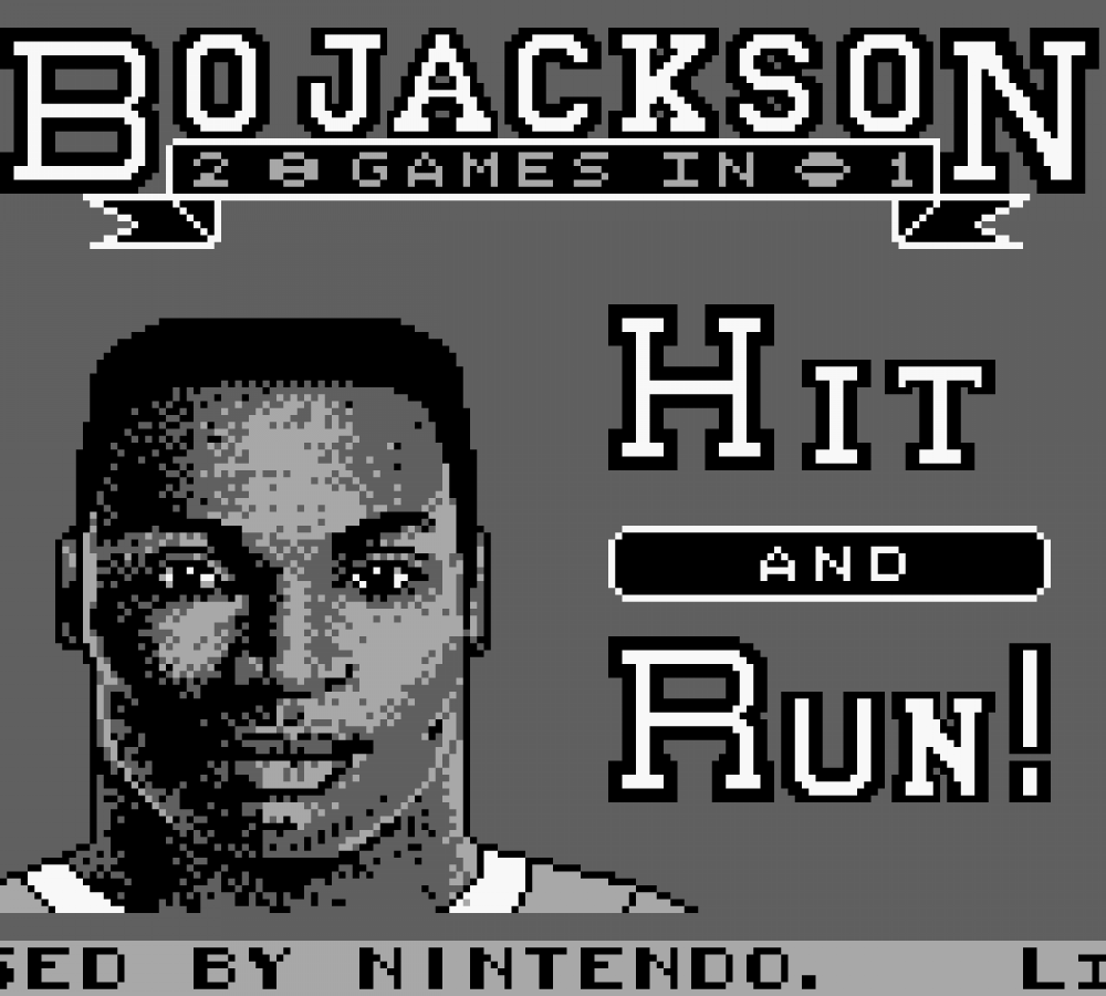 Bo Jackson Two Games in One Nintendo Game Boy (GB) title screen for retro video game enthusiasts featuring multi sport action gameplay baseball football and track and field challenges fast paced arcade style sports mechanics athletic competition as Bo Jackson iconic athlete crossover gameplay portable handheld gaming experience and collectible gaming appeal
