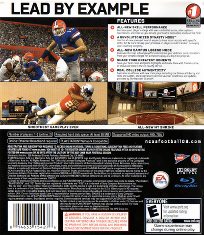 NCAA Football 08 back cover art for PlayStation 3 (PS3) video game