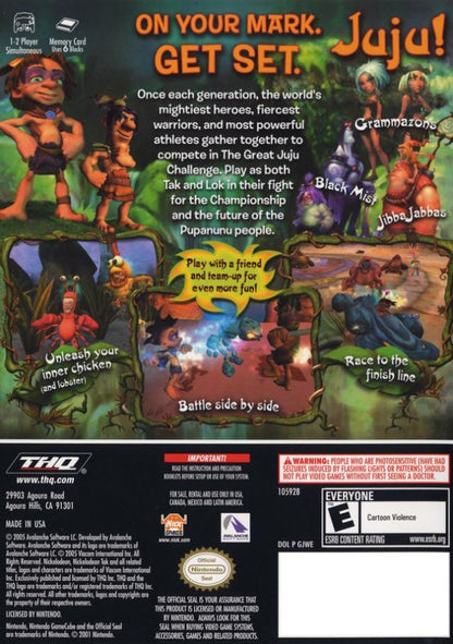 Tak The Great Juju Challenge Nintendo GameCube for retro video game enthusiasts featuring cooperative action platforming gameplay fantasy adventure challenges mini game competitions tribal themed environments puzzle solving mechanics and collectible gaming appeal back cover