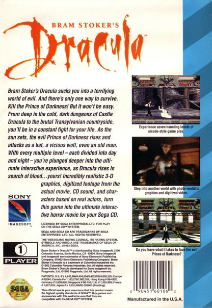 Bram Stokers Dracula Sega CD action platformer movie tie in based on film gothic horror vampire combat side scrolling gameplay castle exploration enemies boss battles cinematic FMV cutscenes retro gaming Sega CD software video game title back cover art
