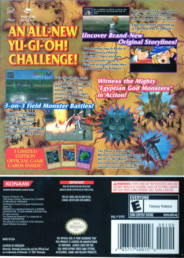 Yu-Gi-Oh! The Falsebound Kingdom GameCube GC video game, strategy RPG, anime card battle universe, tactical gameplay, Nintendo GameCube title back cover art