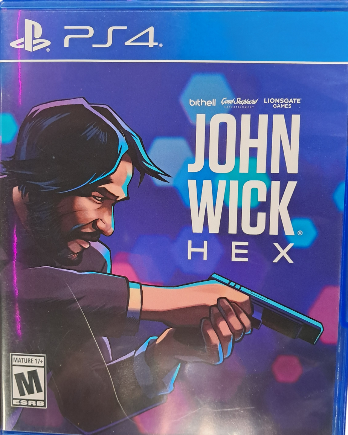 Retro John Wick Hex PS4 inspired design featuring tactical action strategy aesthetic neon noir assassin gameplay stylized gun fu combat cinematic hitman missions fast paced turn based combat inspired by the iconic action thriller franchise front cover