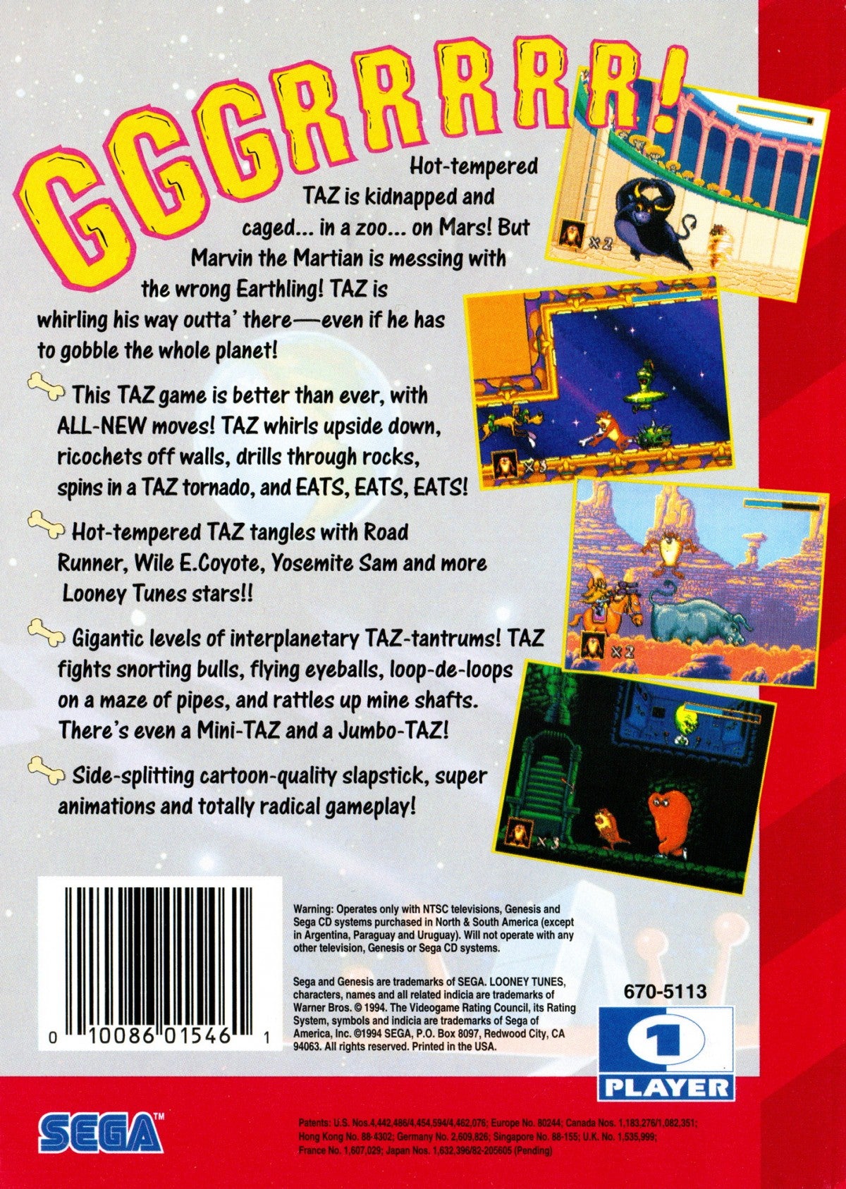 Taz in Escape from Mars Sega Genesis video game, action platformer, Looney Tunes cartoon-based adventure, retro console title back cover