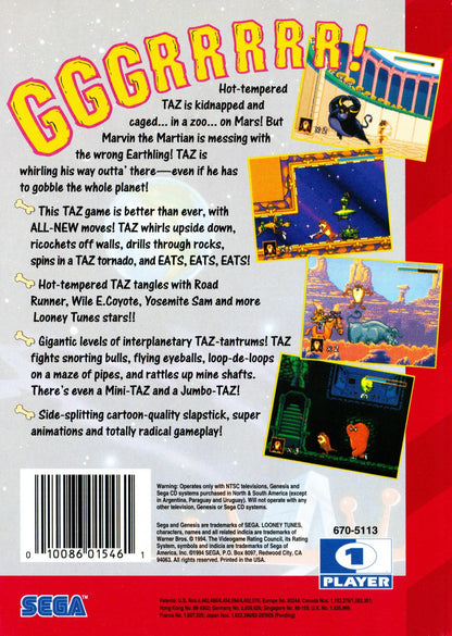 Taz in Escape from Mars Sega Genesis video game, action platformer, Looney Tunes cartoon-based adventure, retro console title back cover