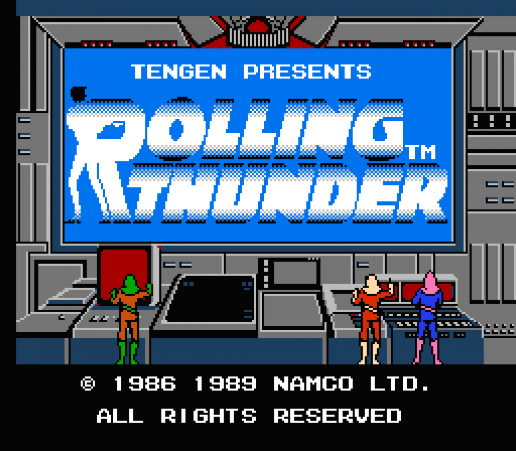 Rolling Thunder Nintendo Entertainment System NES video game featuring side scrolling action shooter gameplay secret agent Albatross enemy combat gun battles hostage rescues enemy base infiltration platforming challenges weapon power ups challenging stages and classic 8 bit Nintendo arcade action retro video game collection collectible gaming appeal gameplay