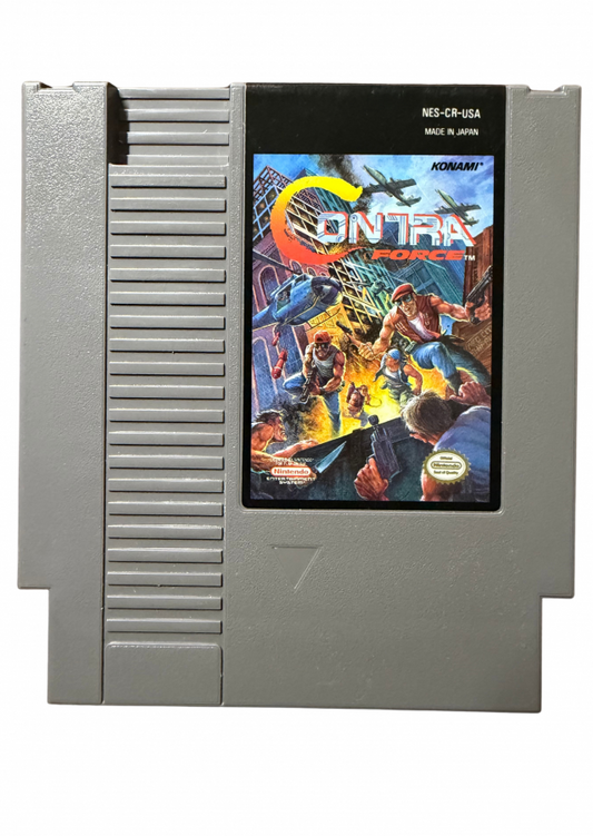 Contra Force Nintendo Entertainment System NES cartridge for action shooter video game fans featuring fast paced run and gun combat multiple playable characters military missions powerful weapons enemy battles challenging side scrolling stages boss fights and classic Konami gameplay collectible retro NES gaming appeal cartridge