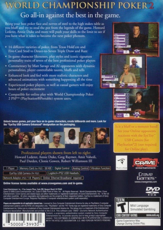 World Championship Poker 2 – PlayStation 2 (PS2) video game back of case, poker simulation.