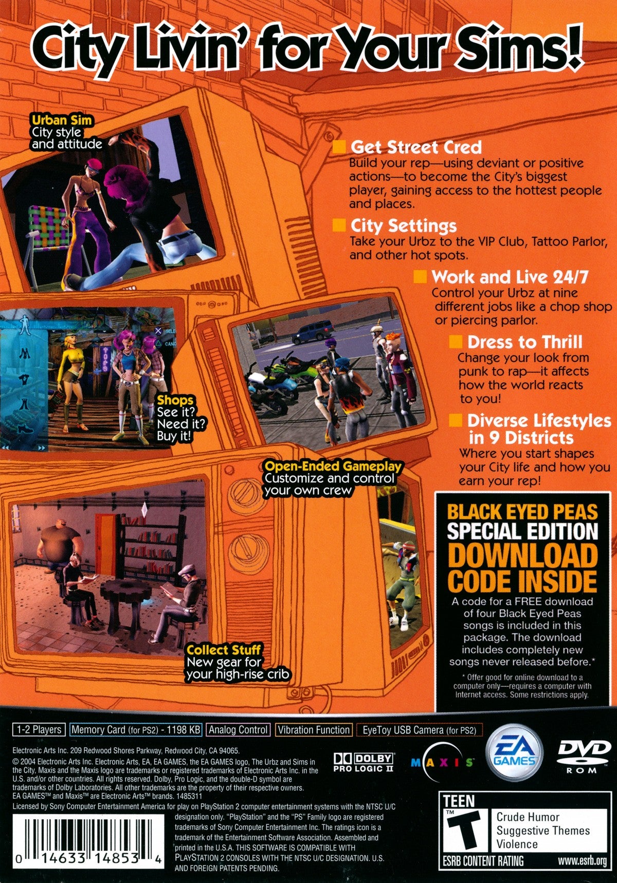 The Urbz: Sims in the City back cover art for Playstation 2 (PS2) video game
