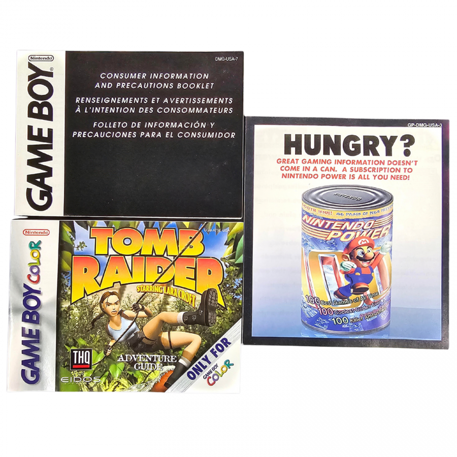 Tomb Raider Game Boy Color GBC video game Complete In Box CIB featuring Lara Croft action adventure gameplay platforming exploration ancient ruins treasure hunting puzzle solving enemy encounters and classic handheld gaming retro video game collection collectible gaming appeal inserts